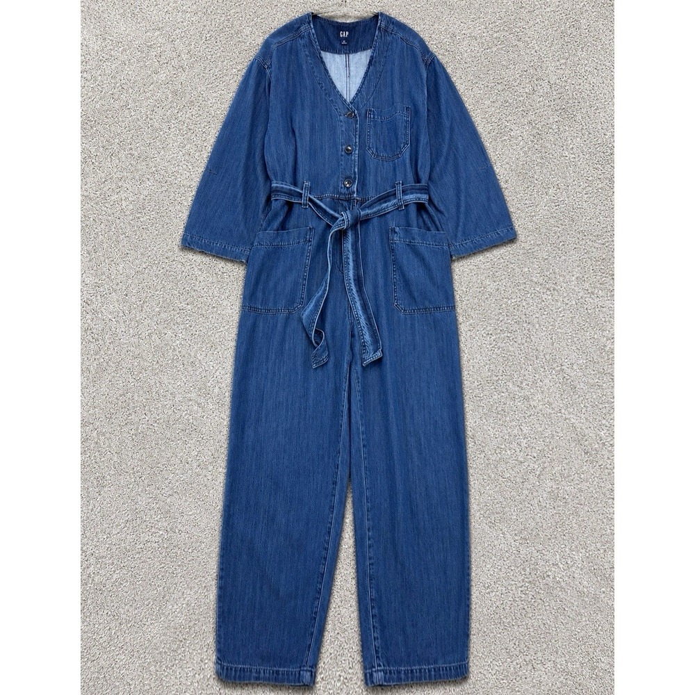 Gap V-Neck Long Sleeve Utility Jumpsuit Womens 10 Blue Cotton Lyocell Belted EUC